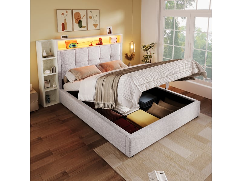  Lit rembourré 90x200 cm sans matelas, lin et mdf, led, usb type-c, rangements, beige pour chambre  - Conforama C