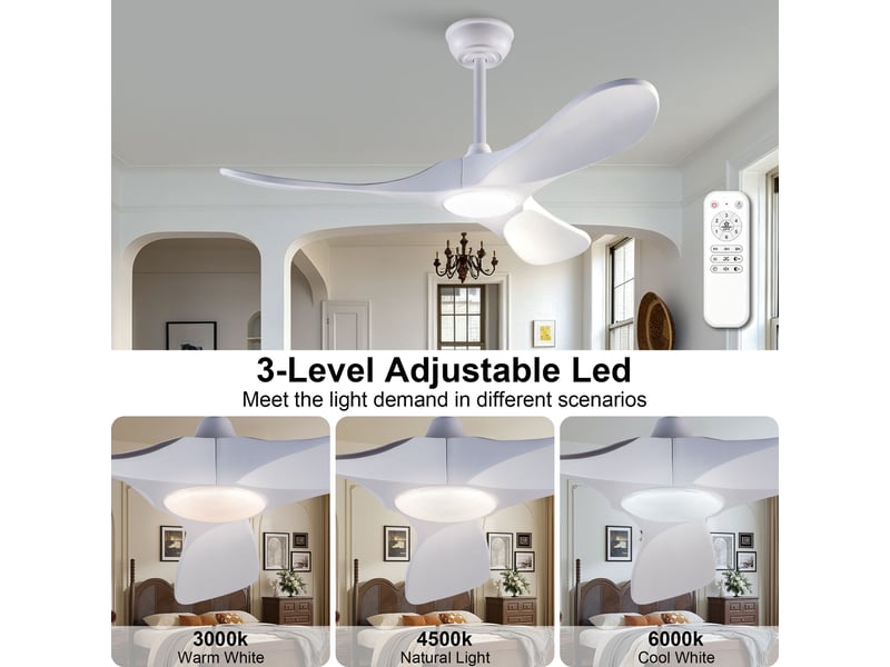  Ventilateur de plafond 107 cm éclairage led 3 couleurs dimmable 3 pales bois massif blanc réversible 6 vitesses télécommande  - Conforama B