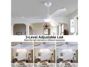 Ventilateur de plafond 107 cm éclairage led 3 couleurs dimmable 3 pales bois massif blanc réversible 6 vitesses télécommande
