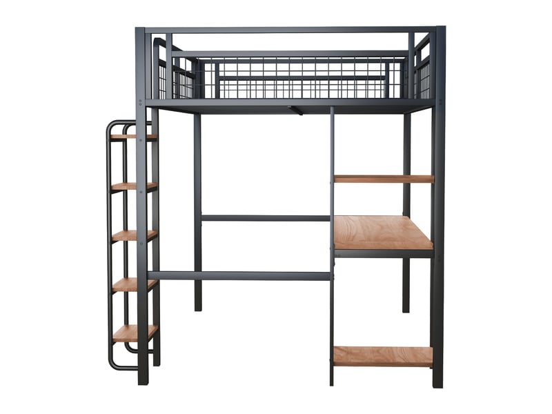 Lit mezzanine enfant 140x200 cm avec table, étagère, garde-corps, escalier, sommier, métal noir, sans matelas - Conforama R