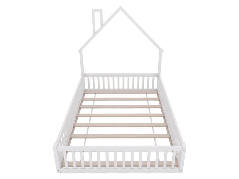 Lit enfant 140x190 cm en pin blanc, forme maison, avec sommier, style minimaliste - Conforama A