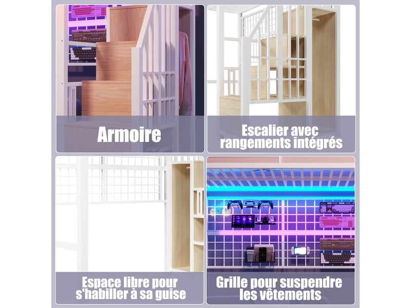  Lit mezzanine multifonctionnel 90 x 200cm sans matelas, structure métal, armoire, échelle rangement, led, blanc  - Conforama D