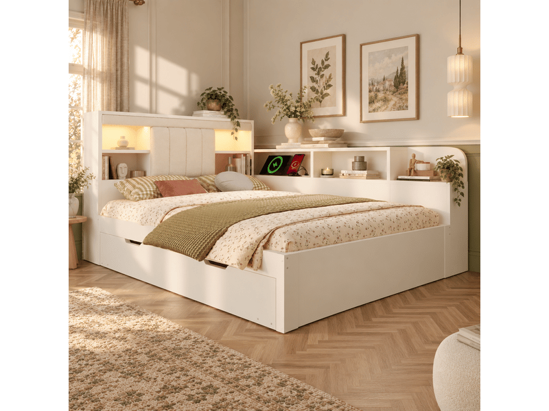  Lit de jour 140x190 cm avec lit gigogne 90x190 cm, tête de lit rembourrée en pu, lampes de lecture, usbtype-c et rangements, blanc.  - Conforama B