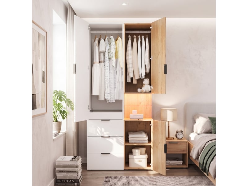  Armoire 90x49x200 cm avec éclairage led et tiroir à bijoux, mdf, blanc et bois, dressing et accessoires, chambre déco  - Conforama E