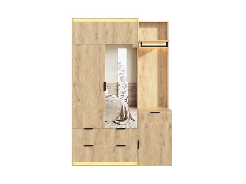 Vestiaire d'entrée avec miroir et éclairage led - armoire penderie 135x47x200 cm - 5 tiroirs chêne - Conforama A
