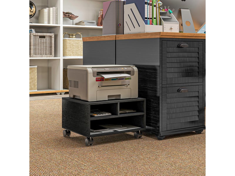  Support d'imprimante en bois à 2 niveaux avec roulettes pour bureau et espace de travail, 47 x 40 x 22,5 cm, noir  - Conforama C