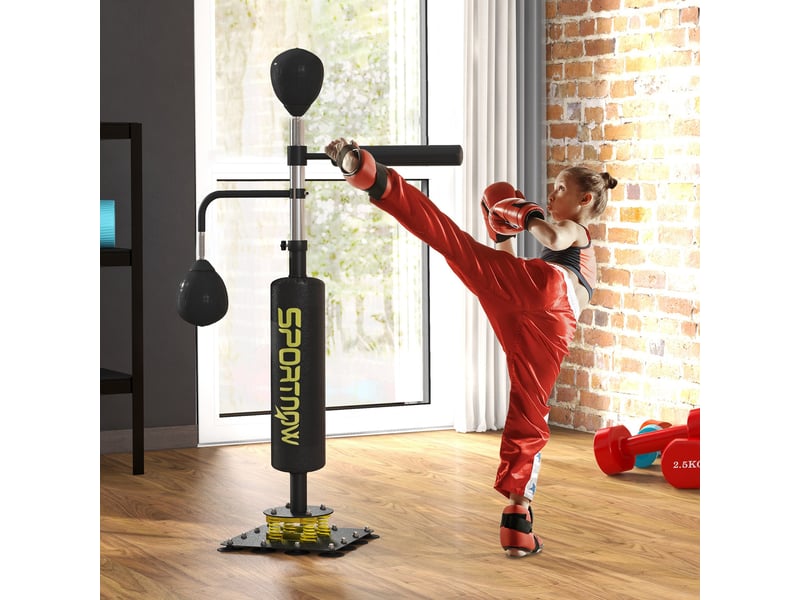  Support de boxe, deux speedballs, barre de frappe rotative, coussins de frappe, hauteur réglable, acier, 107 x 36 x 140-205 cm, noir  - Conforama D