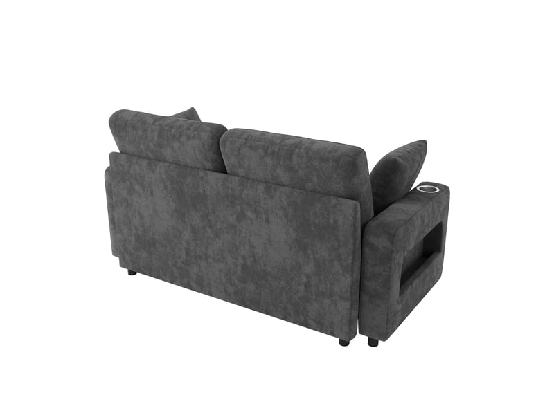 Canapé-lit 2 places lora gris avec led, usbtype-c, porte-gobelet, rangement accoudoir et 2 coussins - Conforama D