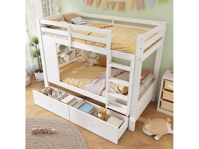 Lit superposé modenvie 90 x 200 cm blanc avec 2 tiroirs étagère ouverte échelle et barrières de sécurité en bois - Conforama D