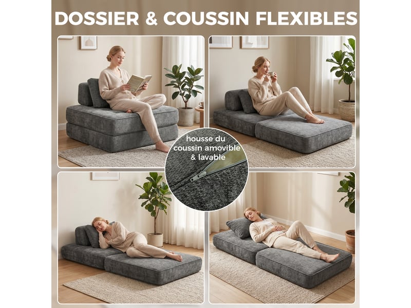 Canapé-lit pliant 2 en 1, chauffeuse 1 place, convertible en chenille, coussin épais, gris, dossier et oreiller - Conforama W