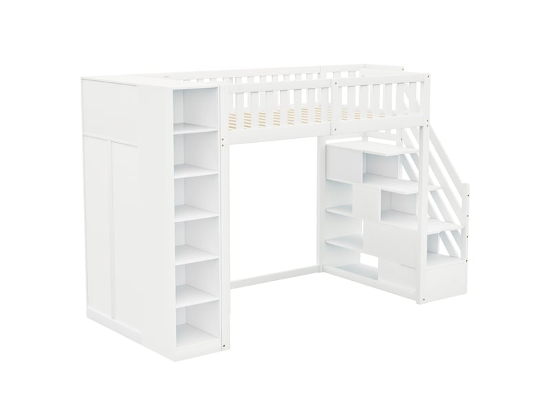  Lit mezzanine 90x200 cm en bois blanc, grande armoire, étagères et échelle avec rangements  - Conforama D