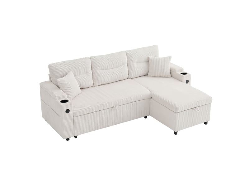  Canapé d'angle 3 places modenvie en velours côtelé beige avec méridienne, rangement, lit tiroir et usb c  - Conforama A