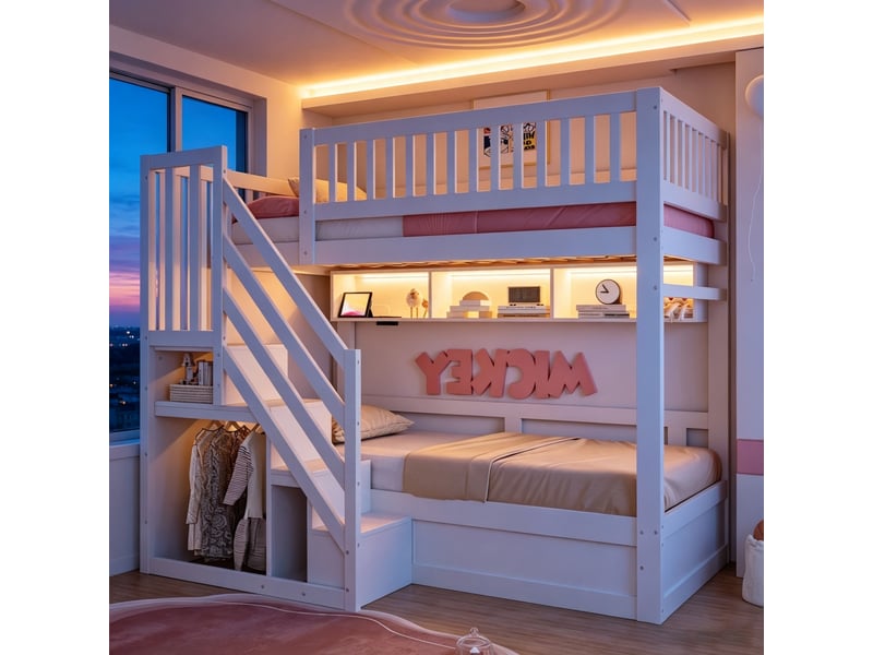 Lit superposé 90x200 cm, lit enfant, ouverture hydraulique, escalier avec rangement, barrière de sécurité, éclairage led, prises intégrées, bois blanc CozyNest - Conforama D