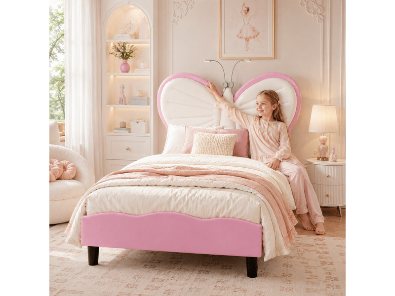  Lit enfant pour une fille 90x200 - sommier à lattes + liseuse + dossier rembourré - tête de lit réglable - 1 personne - lit fille 90x200cm avec led - lit enfant rembourré avec sommier à lattes - tête de lit réglable en papillon …  - Conforama E