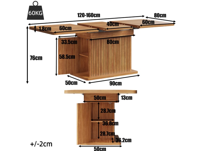  Table à manger extensible 120160x80x76 cm avec rangement caché, coloris marron  - Conforama C