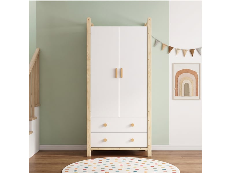  Armoire avec 2 portes, penderie et 2 tiroirs pour chambre en panneaux de particules, 90×45×180 cm blanc naturel  - Conforama E