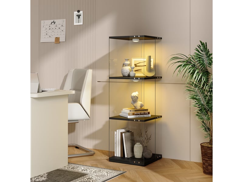  Vitrine tournante - 38x38x121cm - 360° avec 3 niveaux, étagères en verre, éclairage tactile tap light - noir  - Conforama C