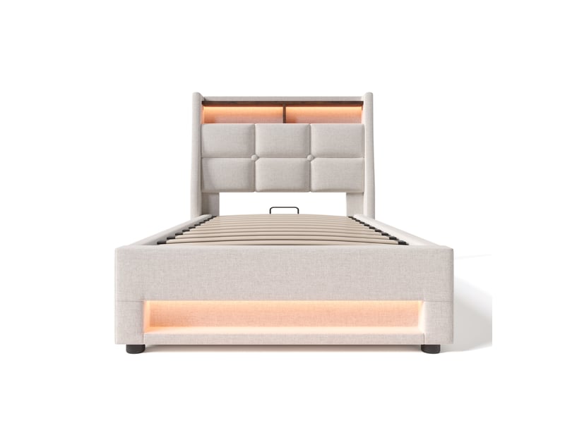  Lit simple enfant 90x200 cm – beige clair – coffre relevable, led et ports usb avec sommier métal robuste  - Conforama A
