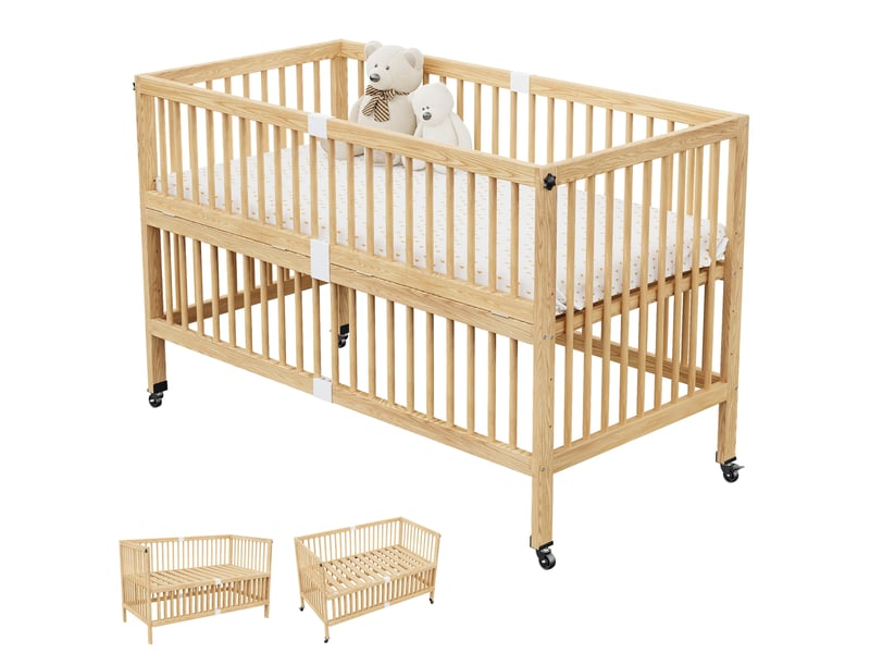 Lit enfant 70 × 140 cm 1 place à roulettes, barrière rabattable et hauteur réglable, sans matelas, bois naturel - Conforama A