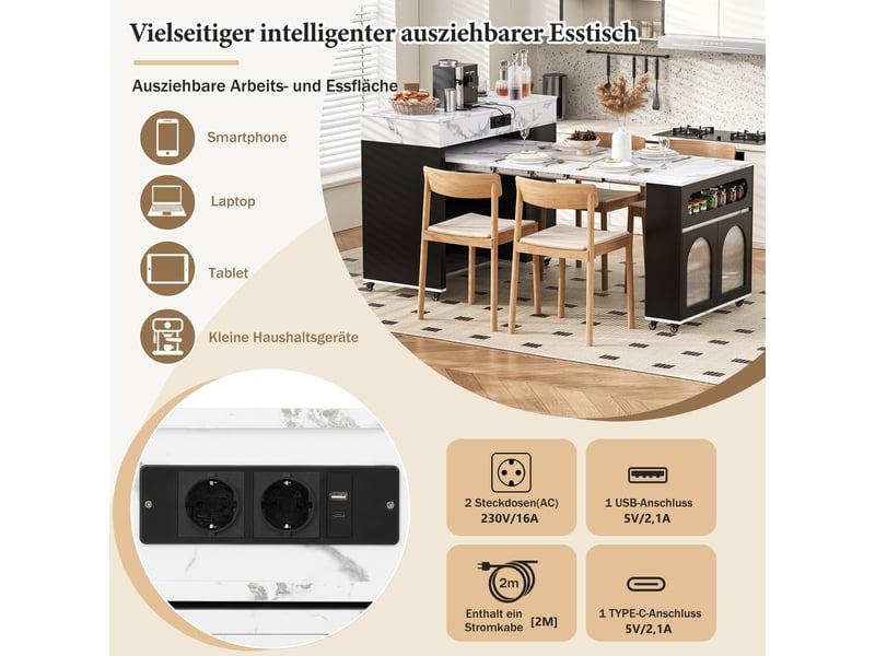  Îlot de cuisine extensible avec roulettes, multiprise et portes en verre, noir  - Conforama D