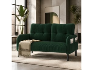 Canapé droit fixe 2 places en velours côtelé vert émeraude 120 × 75 × 79 cm, avec poche latérale pratique