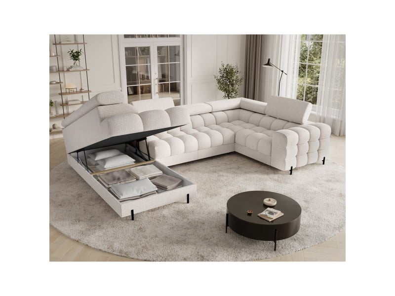 Canapé panoramique convertible factory 3 places beige – angle gauche avec coffre – version 5 - Conforama D