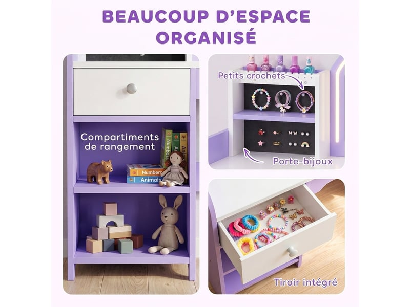  Coiffeuse enfant avec miroir led et tabouret en mdf violet 80 x 41,5 x 97 cm  - Conforama E