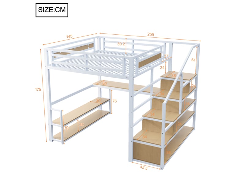 Lit mezzanine métal 140x200 cm avec bureau, étagères et échelle de rangement blanc  - Conforama C