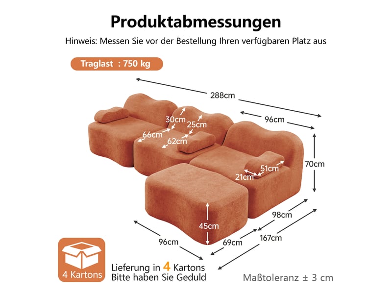 Canapé d'angle modulable 3 places en velours orange avec pouf - Conforama E