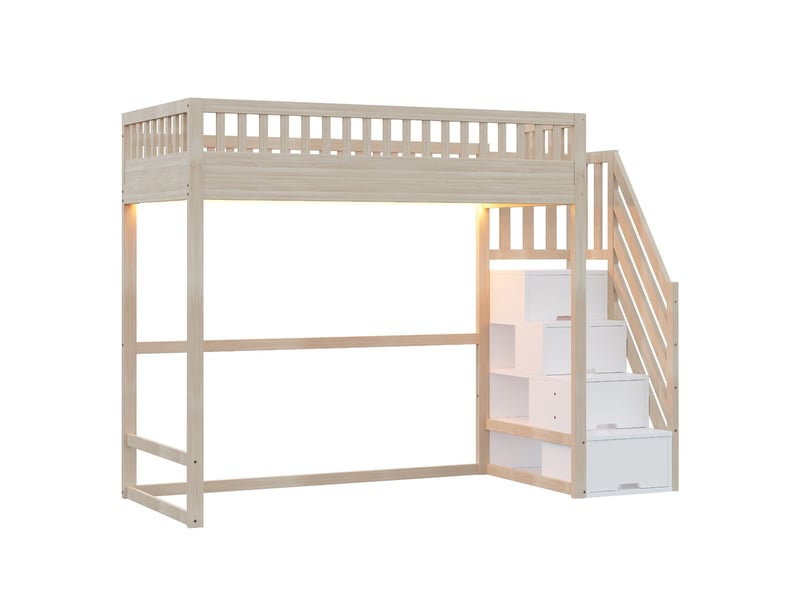 Lit mezzanine en pin massif 90x200 cm échelle sécurité barrières led échelles interchangeables deux côtés lit enfant couleur bois  - Conforama E