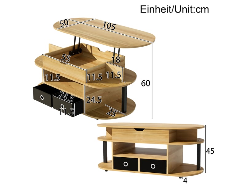  Table basse 105x50 cm à plateau relevable en panneau de particules bois et noir  - Conforama C