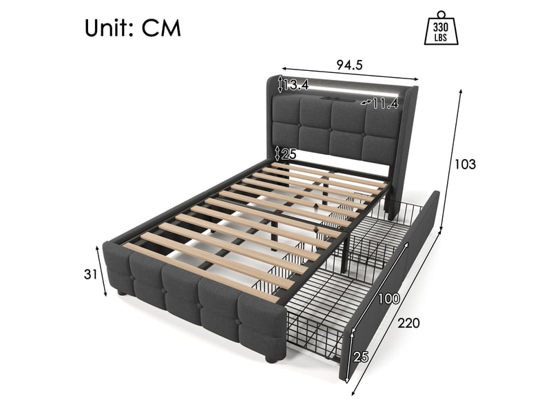  Lit coffre 90x200 cm rembourré, 2 tiroirs de rangement, led et usb intégrés, tête de lit avec étagère, gris  - Conforama C