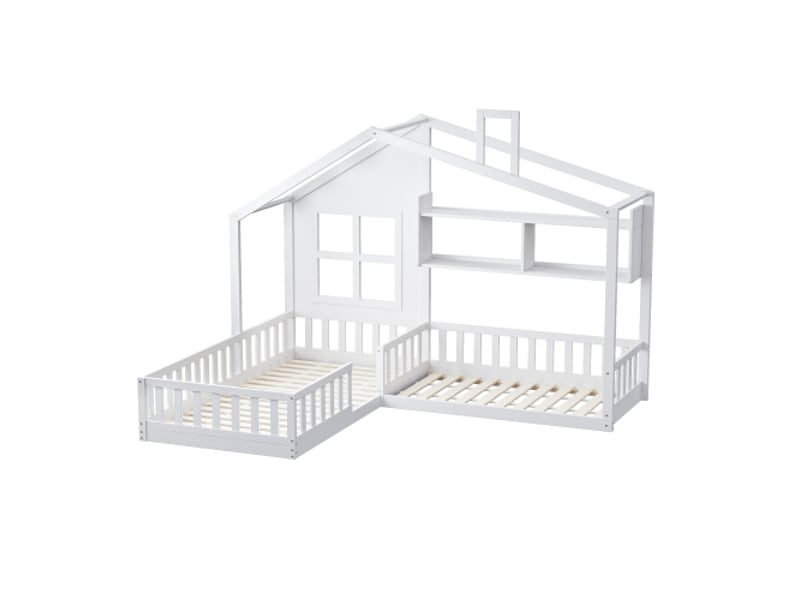  Lit cabane 90x200 cm, lit double avec bibliothéque et sommier à lattes, en bois massif, blanc, sans matelas  - Conforama E