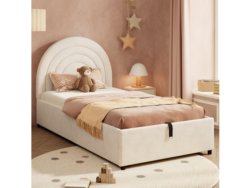  Lit coffre enfant 90x200 cm, finition velours beige, design moderne, tête de lit et sommier, sans matelas  - Conforama B