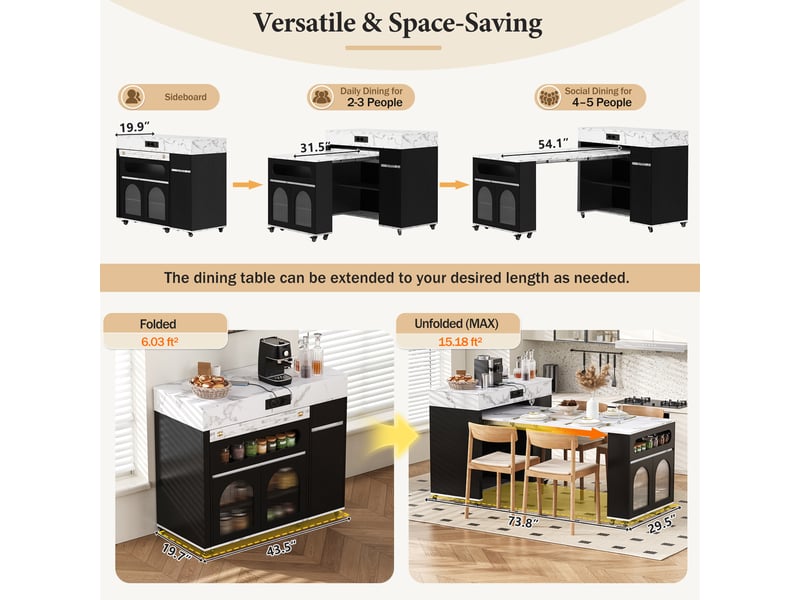  Desserte de cuisine extensible avec 1 tiroir, rangements et roulettes en mdf 50,5 à 187,5×110,5×95,5 cm noire  - Conforama C