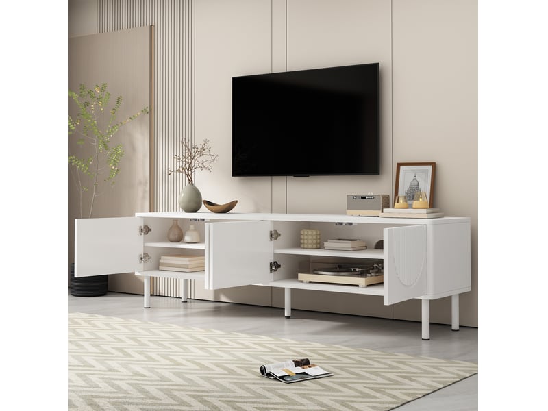  Meuble tv ulevr 180 cm avec 4 compartiments fermés et passe-câbles, mdf et panneaux de particules, blanc mat  - Conforama E