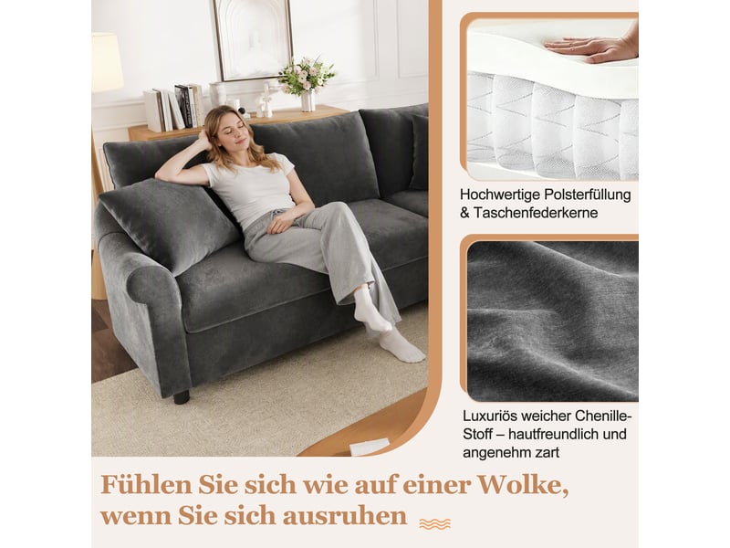  Canapé d’angle 5 places en chenille avec accoudoirs ergonomiques et coussins déhoussables gris, 217 × 217 × 83 cm  - Conforama E