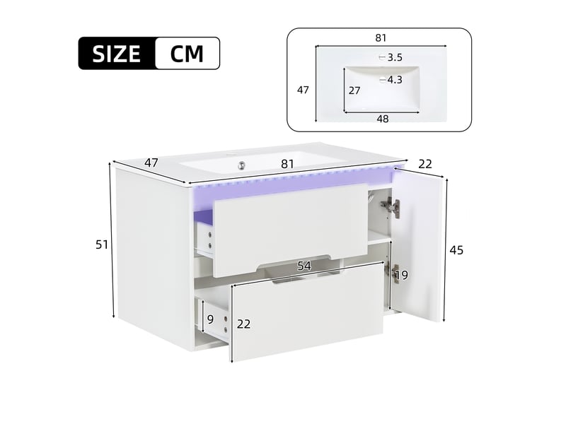 Meuble sous-vasque suspendu 81 cm avec vasque céramique, façade ondulée, led, blanc - Conforama E