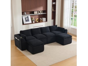 Canapé modulable 4 places en velours côtelé noir avec 2 poufs