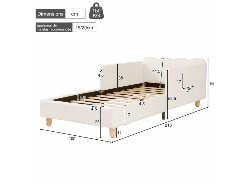  Lit enfant 90×200 cm, lit simple en bouclé beige avec accoudoirs modulables, poches et tête rembourrée, sans matelas  - Conforama D