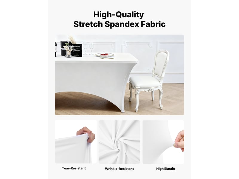  Vevor nappe extensible rectangulaire 244 x 76 x 76 cm, couverture de table infroissable en polyester et elasthanne, lot de 6, lavable en machine, pour fete, mariage, cocktail, banquet, festival, blanc  - Conforama C