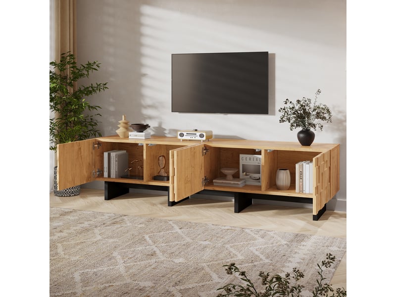  Meuble tv 180 cm en bois naturel pour écran jusqu'à 75 pouces, avec 4 portes à motif gaufré et pieds noirs  - Conforama B