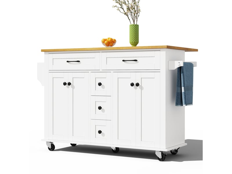  Îlot de cuisine multifonctionnel avec plateau de travail extensible 120×65 cm, 5 tiroirs, placards, support épices et torchons, sur roulettes  - Conforama B