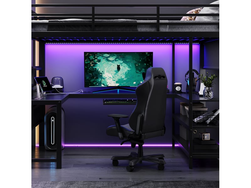 Lit mezzanine 120 x 200 cm - avec prise de courant et lumière led - avec bureau , plateau pour clavier et escaliers - noir (matelas non inclus) - Conforama W