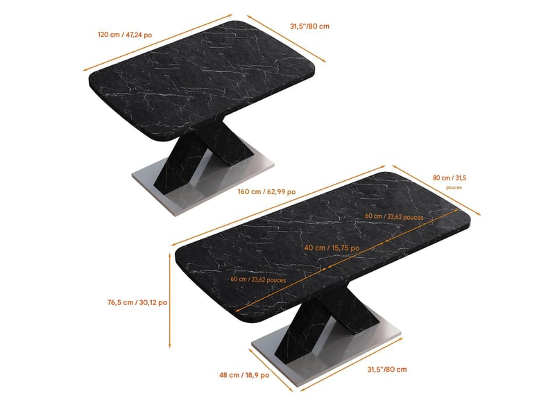  Table à manger extensible plateau effet marbre noir pied en x 120-160 cm W2552S00019 - Conforama C