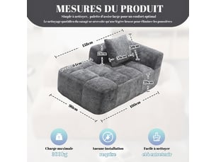 Canapé droit fixe 1 place Velours gris