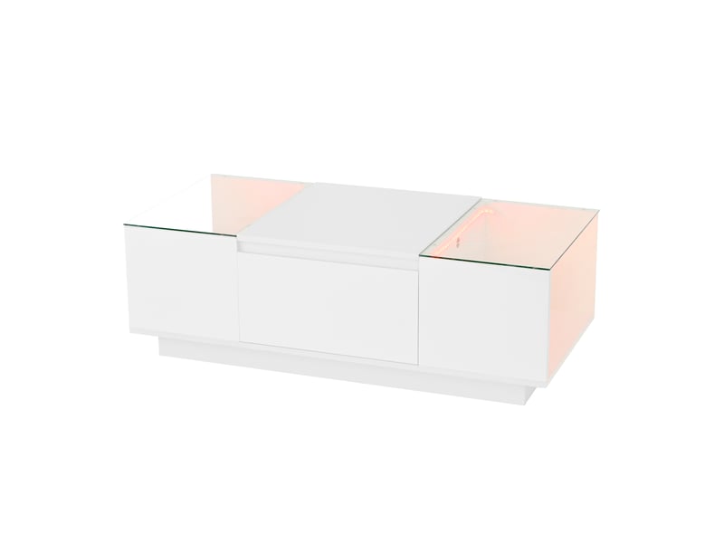 Table basse moderne et minimaliste de 105 cm avec espace de rangement, éclairage d'ambiance led, plateau en verre et 2 tiroirs. - Conforama D
