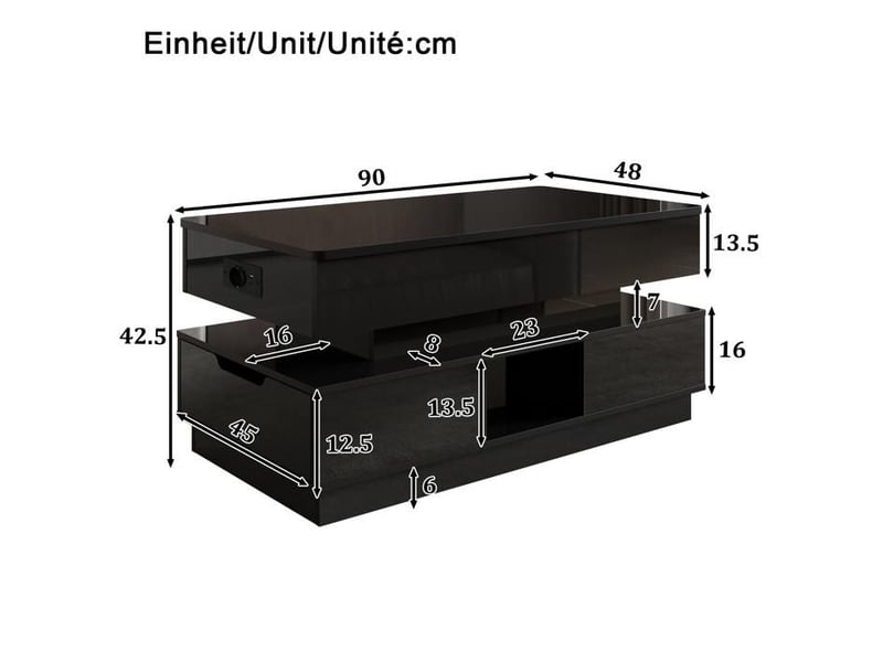  Table basse réglable - noir - mdf - plateau réglable en hauteur - éclairage led intégré 90x48x42.5cm - Conforama D