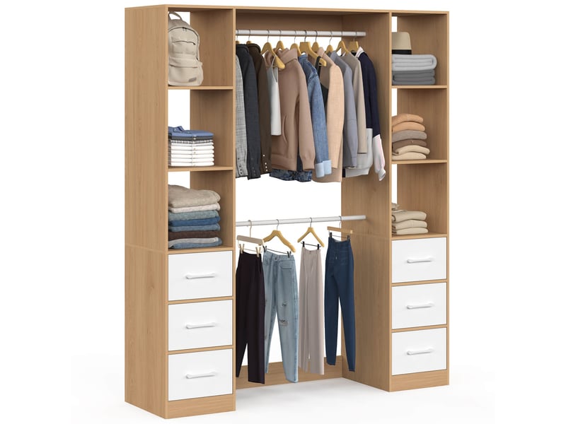  Dressing double penderie + double colonne l. 140 cm uppah avec 6 étagères et 6 bacs en tissu bois et blanc  - Conforama A