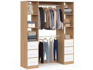 Dressing double penderie + double colonne l. 140 cm uppah avec 6 étagères et 6 bacs en tissu bois et blanc